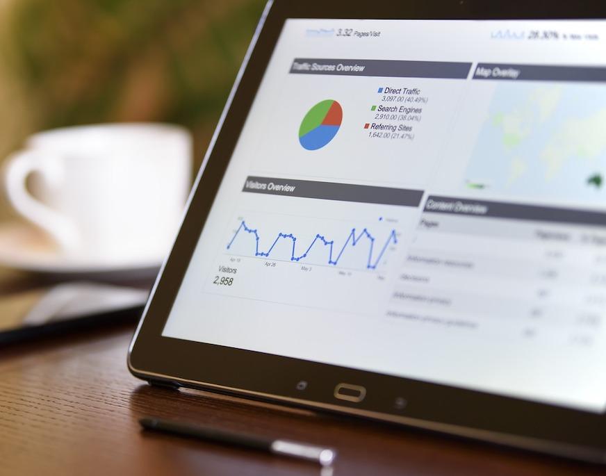 A tablet on a desk displaying an analytics dashboard.
