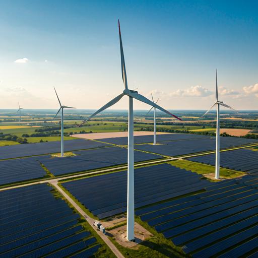 Wind turbines standing among rows of solar panels across open farmland.
