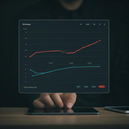 A hand on a tablet below a dark dashboard of financial trend lines.