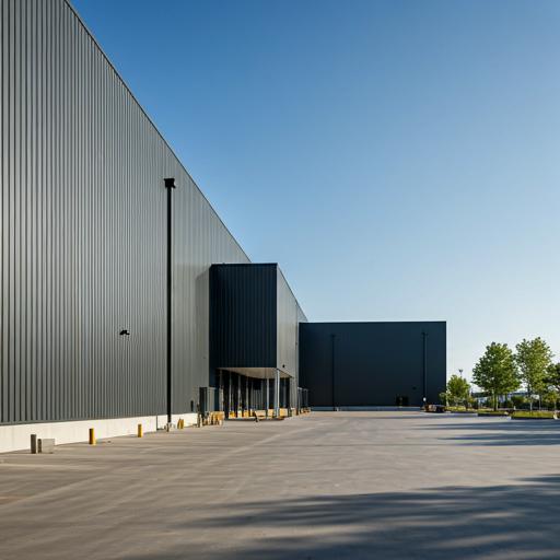 The exterior of a large grey distribution warehouse under a clear sky.